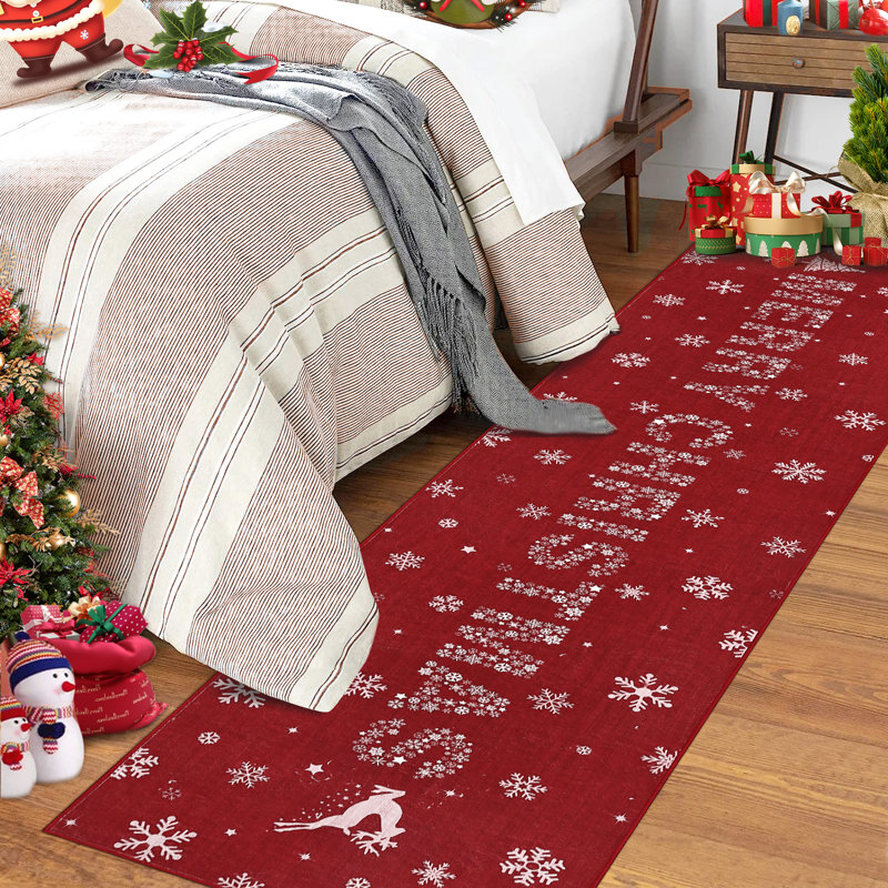 Christmas Runner Rug 2'x10' Snowflake Washable Rug Runners for Hallways Non Slip Soft Red Kitchen Runner Rugs for Bedroom Laundry Room