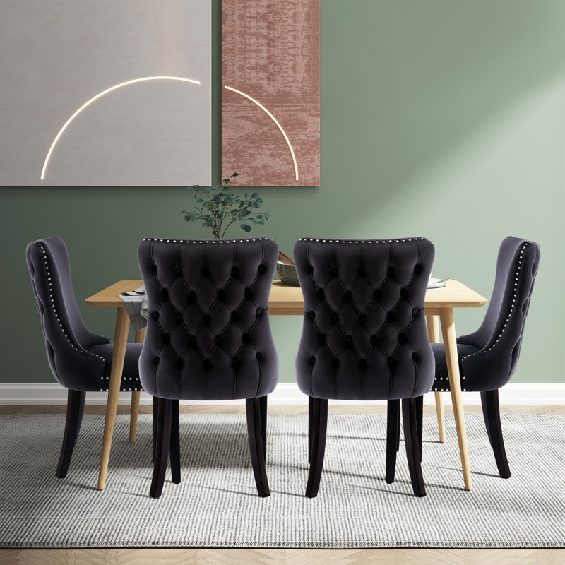 Chaise d'appoint rembourrée capitonnée en velours de cuisine moderne, Noir, Noir