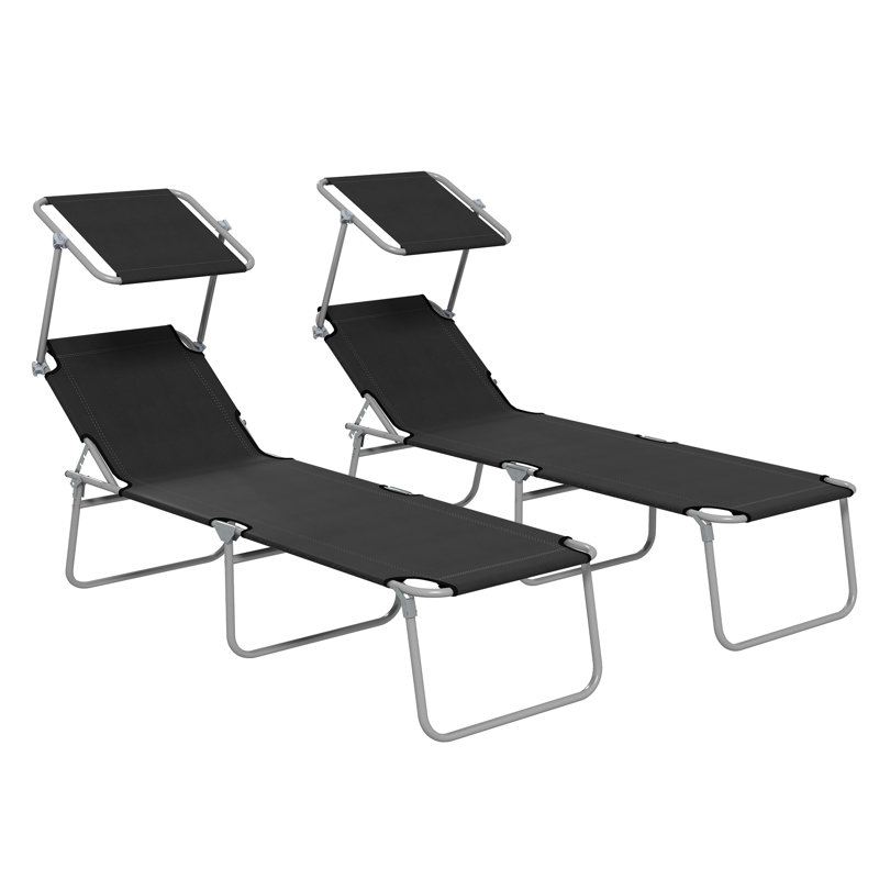Outsunny Folding Sun Lounger Set of 2 with Canopy, Portable Black