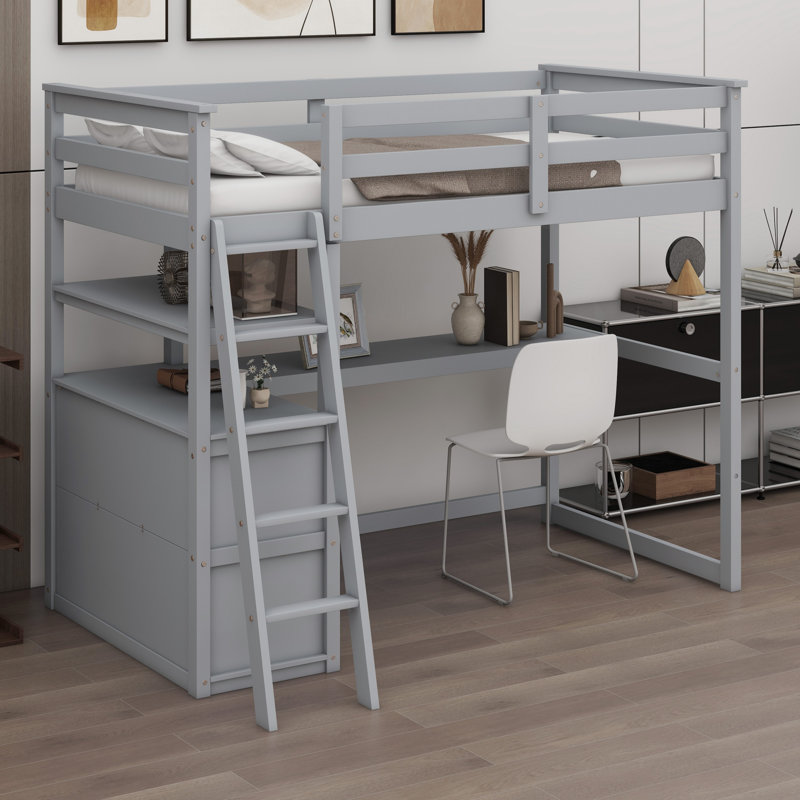Lit mezzanine avec bureau et tablettes, deux tiroirs intégrés, Gris