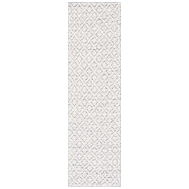 Agramonte Geometric Handwoven Wool Ivory/Blue Area Rug, Runner 2'3" x 8'