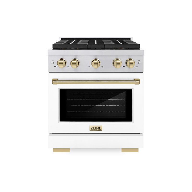 ZLINE Autograph Edition 30 in. 4.2 cu. ft. Paramount Gas Range W/ 4 Burner DuoPro Cooktop and Convection Gas Oven in Stainless Steel W/ White Matte Door and Champagne Bronze Accents