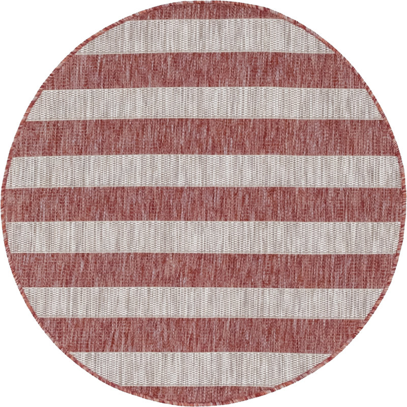Tapis intérieur / extérieur rayé rouge / gris Simkins, Rond 4 pi 1 po
