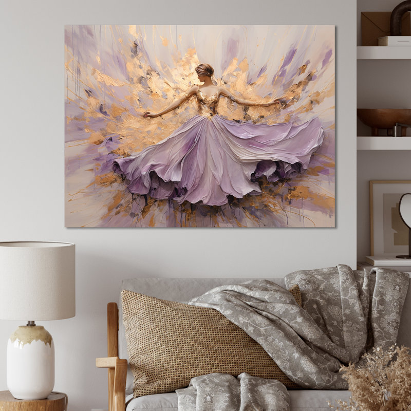 Minimalisme, ballerine mauve dorée - ballet, art mural, H 24 po x l 32 po x P 1 po, Toile tendue