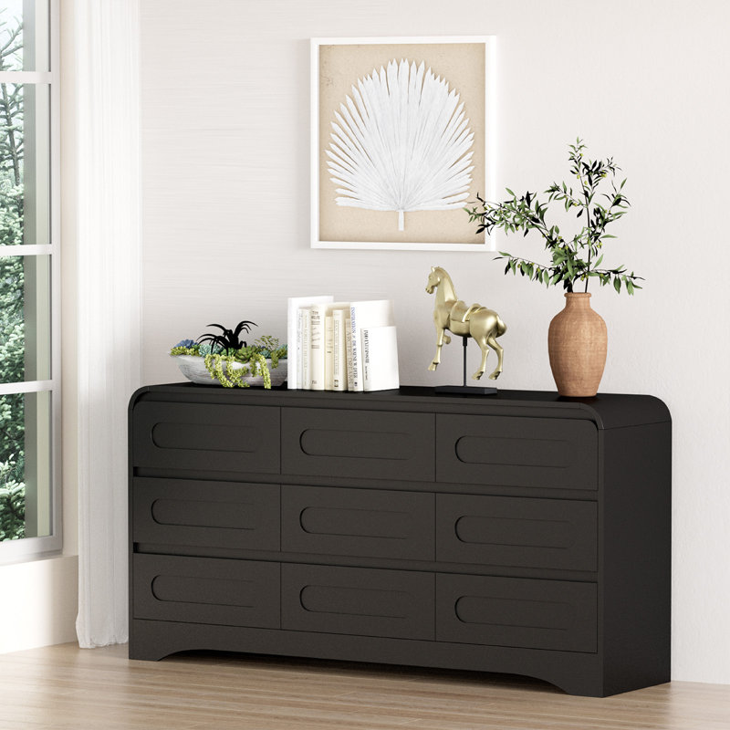  Wooden 9-Drawer Dresser For Bedroom, 63"W Dressers & Chest Of Drawers With Curved Profile Design, Black, Black