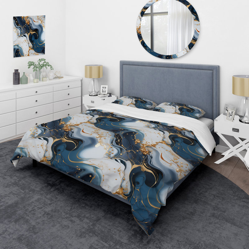 Ensemble de housse de couette à motif de veines dorées et marbre bleu II, Housse de couette pour grand lit et 2 taies décor