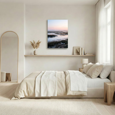 «Misty River Landscape with Tall Grass and Pink Sky», art mural sur toile