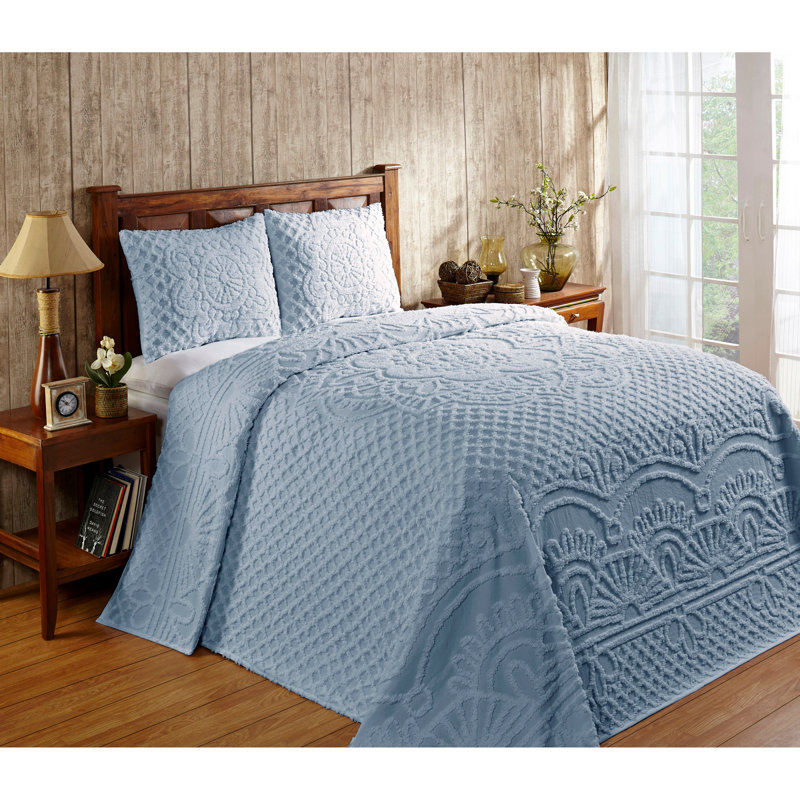 Trevor Chenille Bedspread Set Twin Size, 100% Cotton Medallion Coverlet Set with 2 Standard Shams, Traditional Textured Heirloom Bedding, Soft Breathable All-Season Comfort, OEKO-TEX Certified, Blue