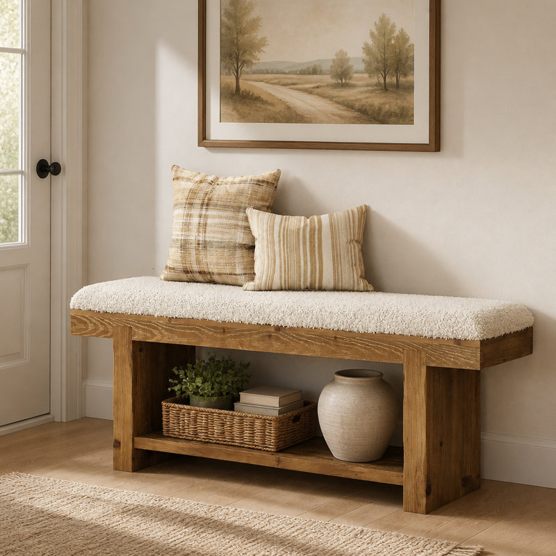 Banc en bois massif 47,2 "avec siège rembourré et rangement pour chaussures