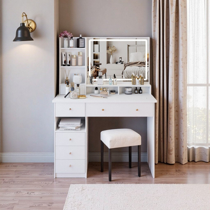 Ensemble de meuble-lavabo 41 po avec miroir à DEL, coiffeuse extra large et tabouret, Blanc