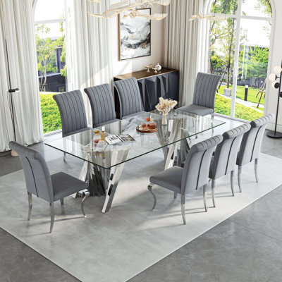 Rectangular Glass Dining Table Set For 8 People, Sleek Modern Design With Sculptural Metal Base, 94.49'' L X 47.24'' W