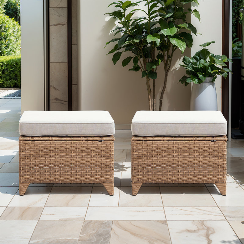 Repose-pieds d'extérieur en osier avec coussins Schutt, Beige, Jaune