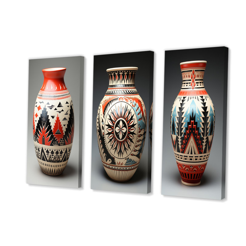Native Pueblo Pottery - Ensemble de 3 reproductions d'art sur toile, Toile tendue, H 32 po x l 48 po