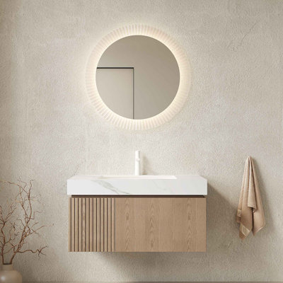 Meuble-lavabo 36 po, armoire de rangement en contreplaqué flottant avec tiroir et porte, comptoir en pierre frittée et lavabo en céramique avec 1 trou de robinet pré-percé, pré-assemblé