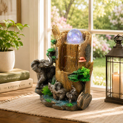9" Indoor Elephant Tabletop Water Fountain with LED Light and Rolling Crystal Ball