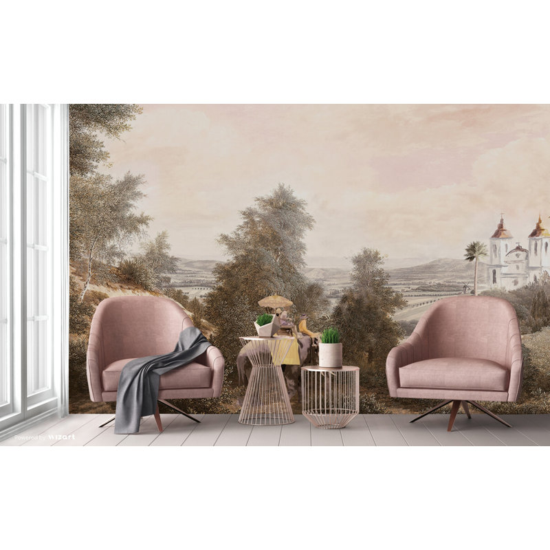 Papier peint rétro vintage avec tour d'éléphant et paysage de campagne serein, Brun, L 110,04 po x l 204 po