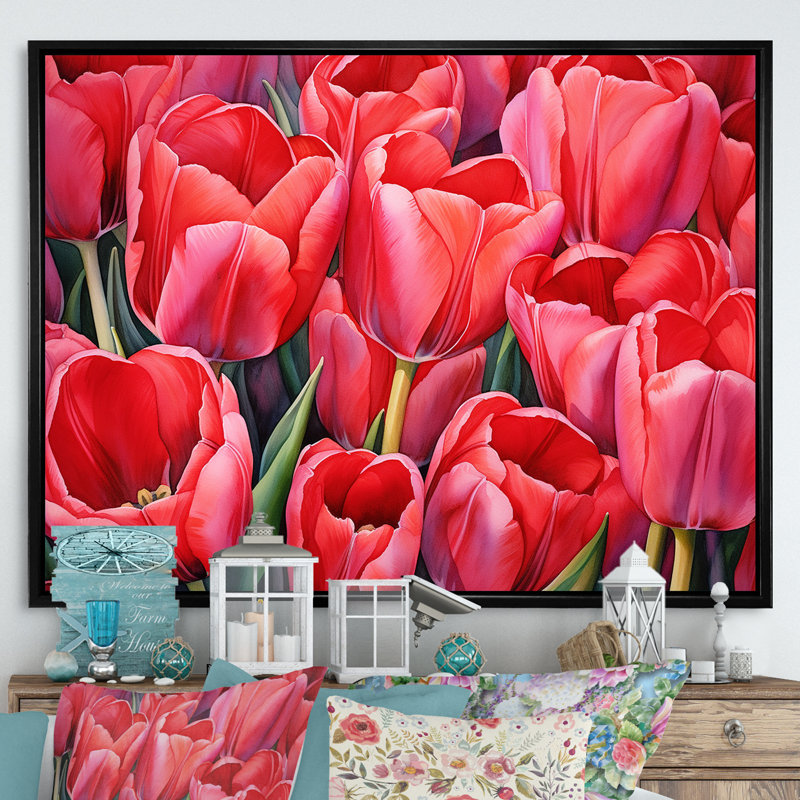 Tulipes tranquillité I sur toile, Cadre flottant noir, H 34 po x l 44 po x P 1,5 po
