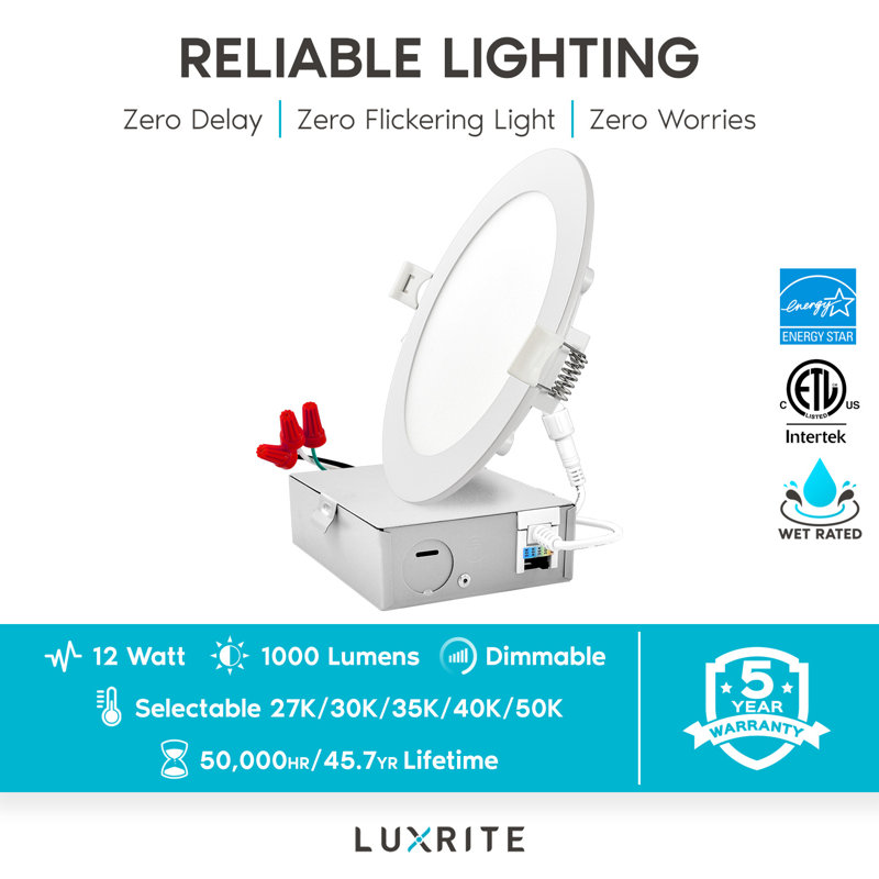 Luminaire encastré ultra mince à DEL de 6 po Luxrite avec J-Box 12 W 5 couleurs sélectionnables à intensité variable 1000 lumens et homologué ETL