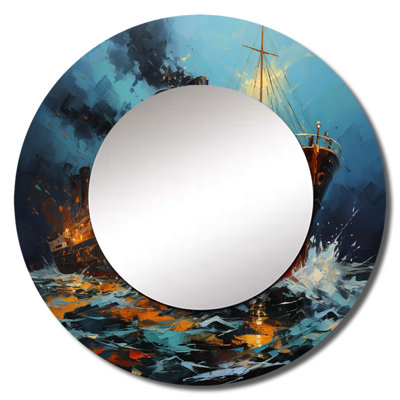 Boat Titanic Collage Interwoven II - Boat Wall Mirror, Teal Round Decorative Mirror, Printed Metal Art