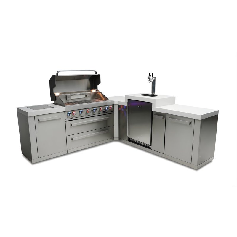 Îlot de cuisine en forme de L en acier inoxydable avec distributeur de bière Kegerator à 3 robinets + barbecue à 6 brûleurs de 44 po + comptoirs en granite + armoires de rangement + tiroirs + gaz naturel Mont Alpi Premium l 94 po x P 98 po x H 55 po Convertible + garantie à vie