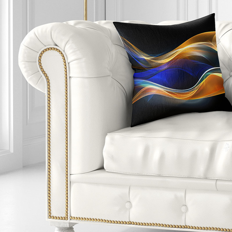 Vagues 3D dorées dans un coussin imprimé abstrait, Noir / bleu / orange, Coussin décoratif, 16 po x 1 po
