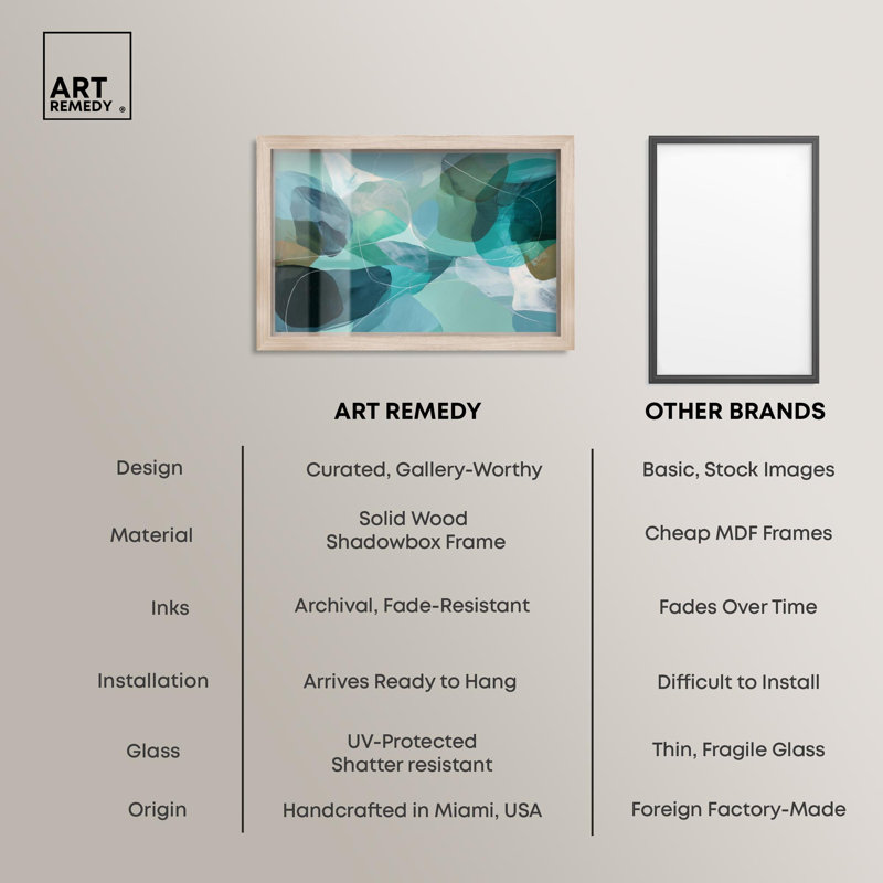 «Oceanic Hues II Shadowbox», impression abstraite bleue par Art Remedy, cadre blond, 25 x 17, H 17 po x l 25 po, Cadre blond