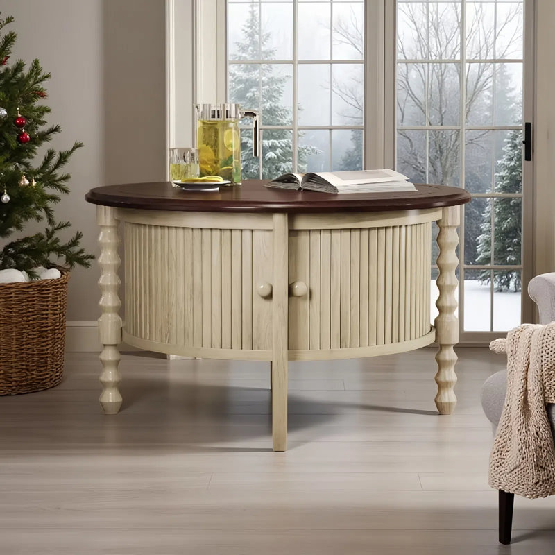Table basse ronde 30 "avec rangement et porte coulissante Vintage, Naturel, Noir
