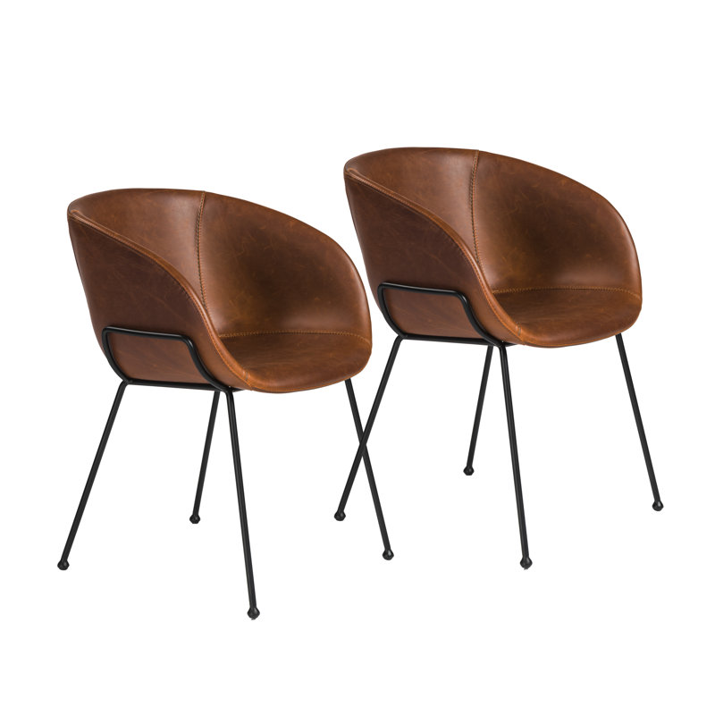 Chaise avec accoudoirs rembourrée Ardea, Similicuir brun foncé, Noir mat
