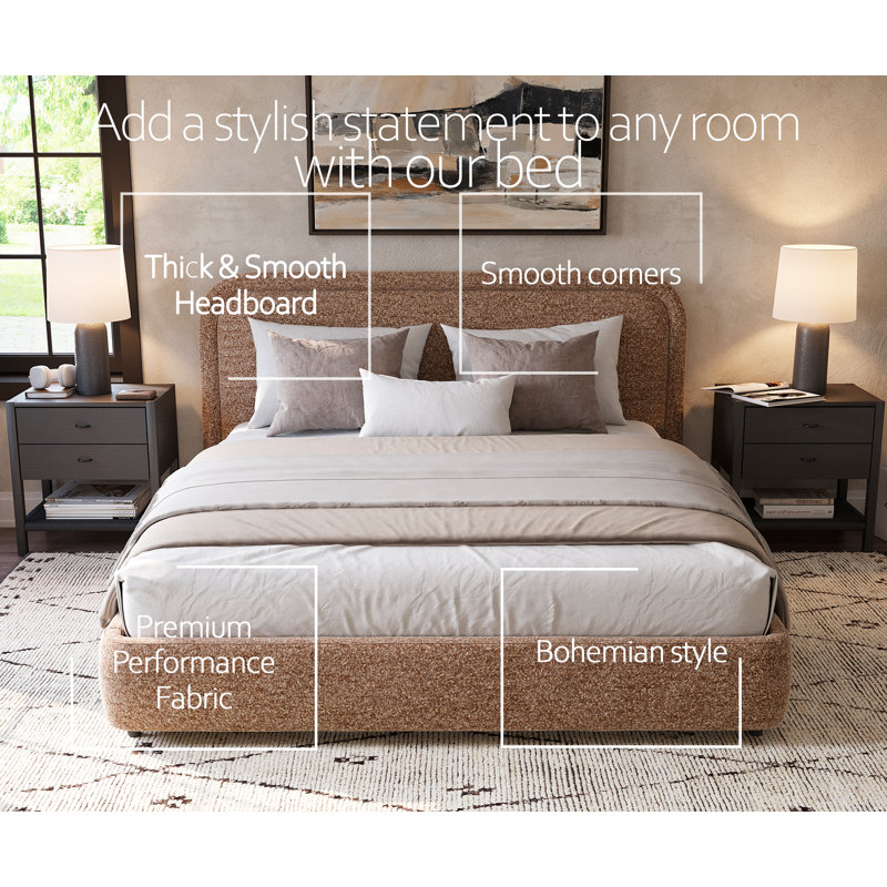 Modern Bed Frame with Rounded Corners and Headboard, Low Profile Platform, King, Brown