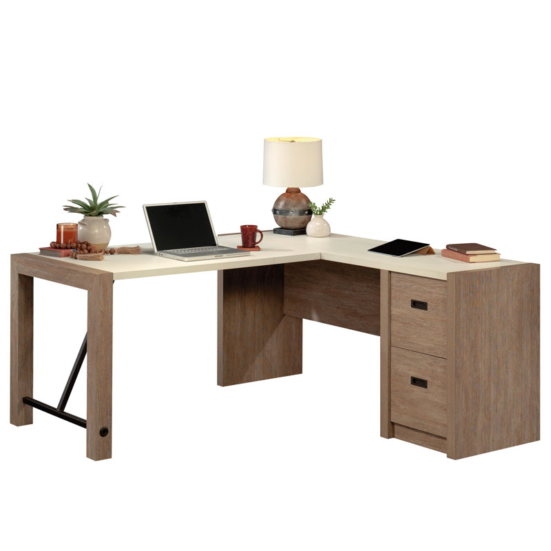 Pebble White and Brushed Oak L-Shaped Desk with Filing Cabinet