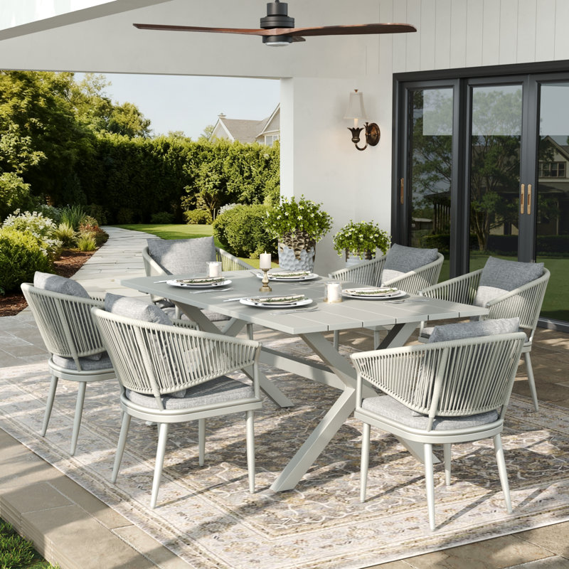 6 - Person Rectangular Outdoor Dining Set With Cushions, Light Gray Cushion/White Frame, 7 Pcs: Table, 6 Chairs