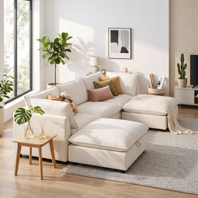 98" Modular Sectional Sofa with Movable Storage Ottoman, U-Shaped Cloud Couch with Fold-Down Table, USB/Type-C Ports & Cup Holders, Chenille Deep Seat