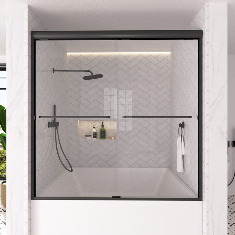 Shine 60 In. W X 56 In. H Semi-Frameless Sliding Tub Door In Matte Black With 1/4 In. Clear Tempered Glass, Matte Black