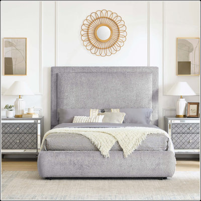 Cadre de lit luxueux pour grand lit 1pc revêtu de tissu chenille doux avec tête de lit haute rembourrée et rangement caché