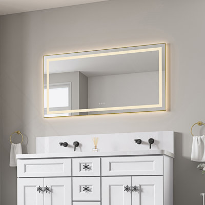 Miroir de salle de bain 55 po x 28 po à DEL avec façade et rétroéclairage, miroir de meuble-lavabo mural avec cadre en aluminium, antibuée, mémoire, 3 couleurs, gradation continue