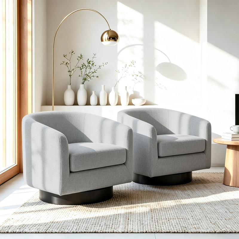 Applewold Upholstered Light Gray Chenille Swivel Barrel Chair with Solid Wood Base, Light Gray 
