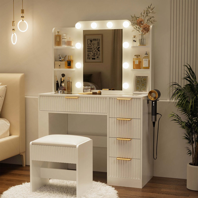Vanity Table with LED Mirror, Charging Station, 5 Drawers and Stool, White