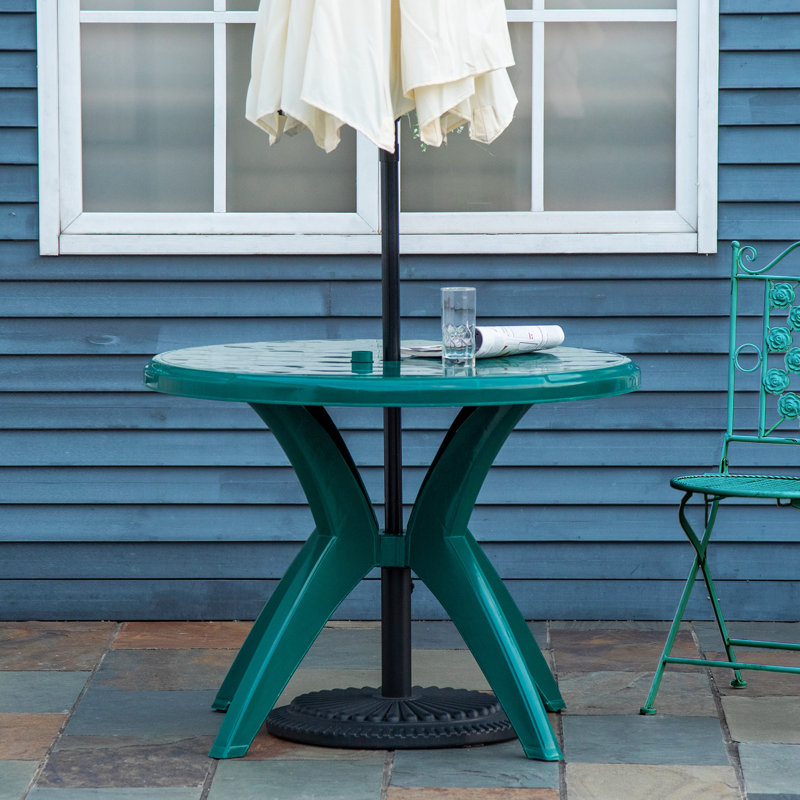 36.25" Dia Round Plastic Patio Table With Umbrella Hole, Outdoor Bistro Dining Table, Green