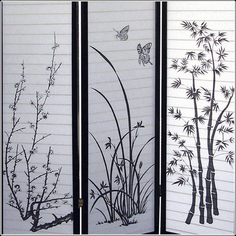 Grand paravent à 3 panneaux avec motif floral et finition noire, parfait pour l'intimité et la définition de l'espace