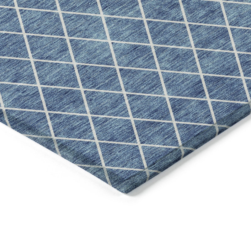 3' X 5' Denim Blue And Ivory Geometric Washable Indoor Outdoor Area Rug