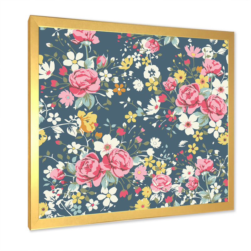 Roses rétro et jaune sur bleu marine - Impression sur toile, H 16 po x l 16 po, Cadre doré
