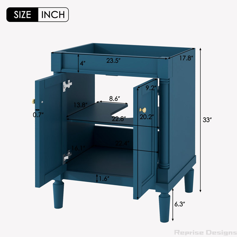 Base de meuble-lavabo simple 23,5 po seulement, Bleu, Or