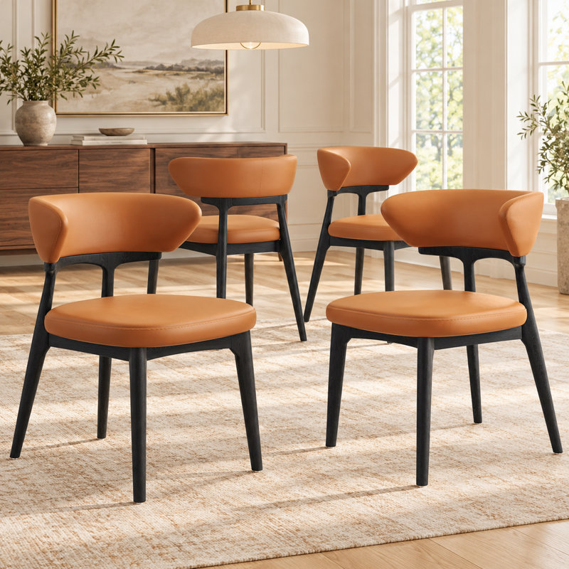 Modern Fully Assembled Dining Chairs Set, Faux Leather With Solid Wood Legs, 4, Brown, Black
