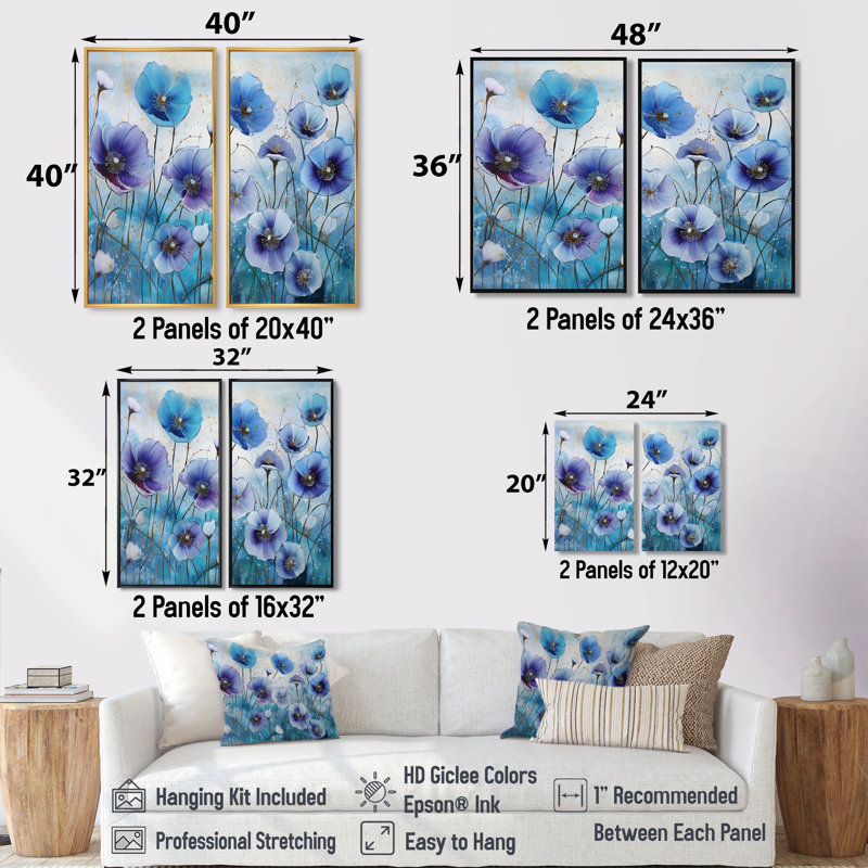 «Blue and Purple Morning Glory Flowers», art mural traditionnel sur toile, 20" H x 24" W, Impression encadrée flottante