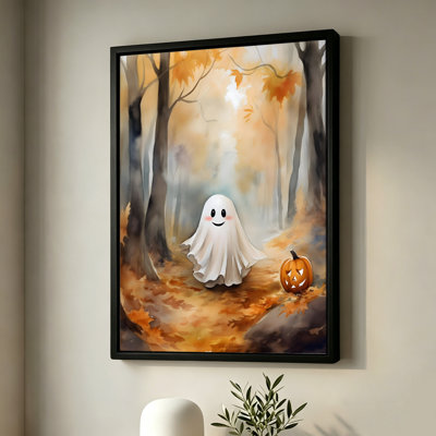 Fantôme amical d'Halloween avec une citrouille dans une forêt d'automne, tableau sur toile encadré, cadre marron, 50 x 75 cm