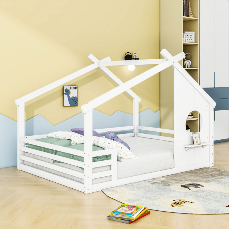 Lit maison avec fenêtre et tablette, rails, Double, Blanc