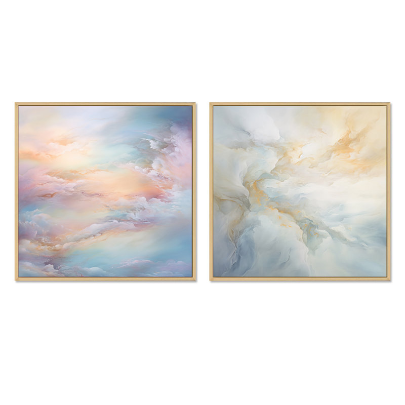 «Clouds Charm», ensemble de 2 collages carrés, Cadre flottant brun, H 36 po x l 73 po