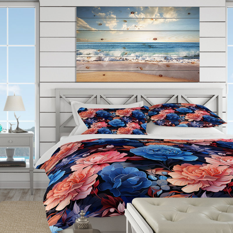 Literie à motif tropical bleu azur et rose Twilight, Housse de couette pour grand lit et 2 taies décor
