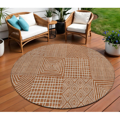 Tapis d'intérieur rond lavable géométrique brun et beige 8 pi
