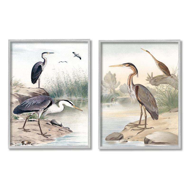 «Elegant Heron Birds Forager River Edge Scene» par Piddix - ensemble de 2 impressions sur toile flottante